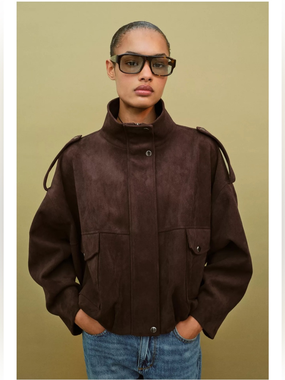 Zara Faux Suede Jacket with shoulder tabs chocolate brown SZ M